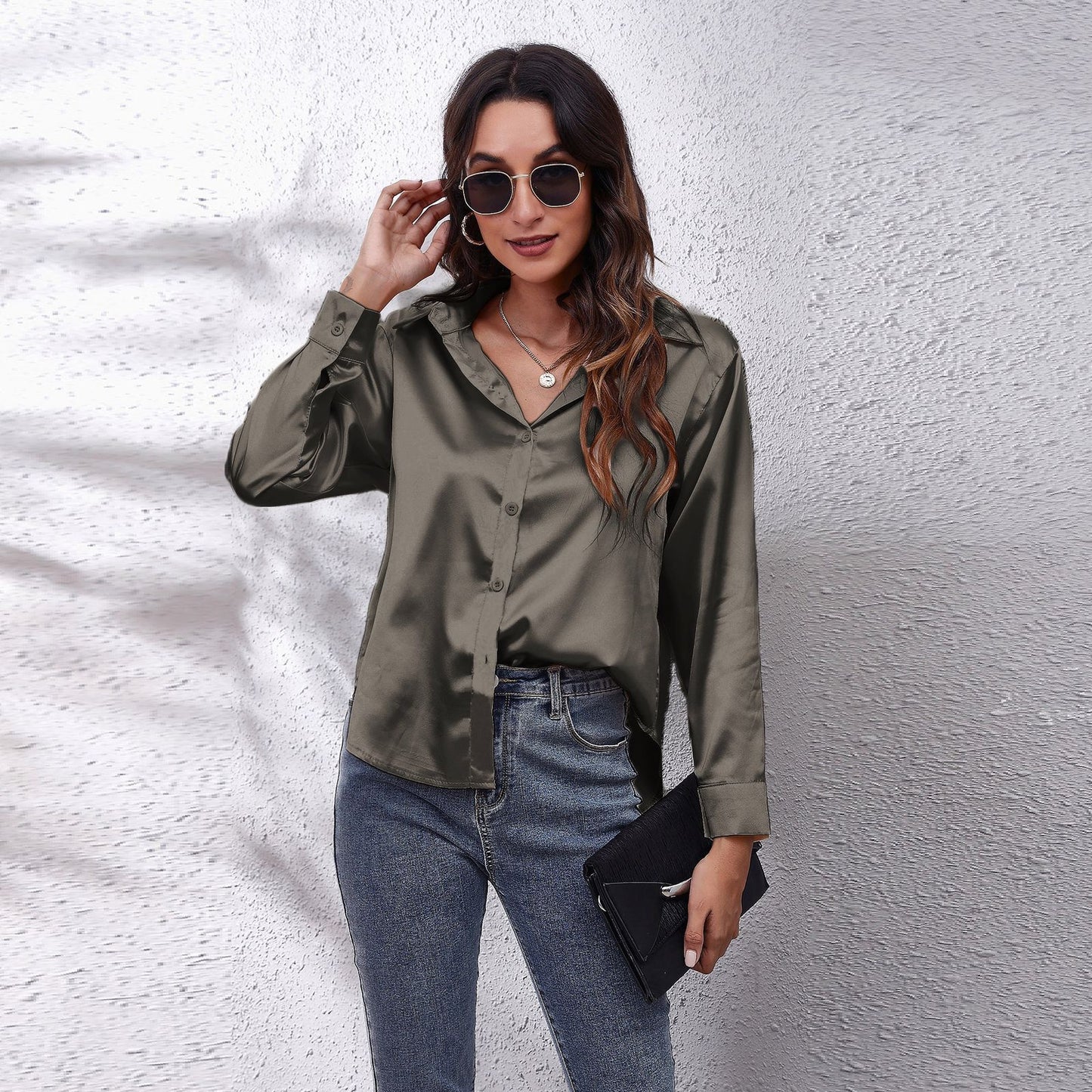 Dame Satin Bluse med Knote Lukning Stilla