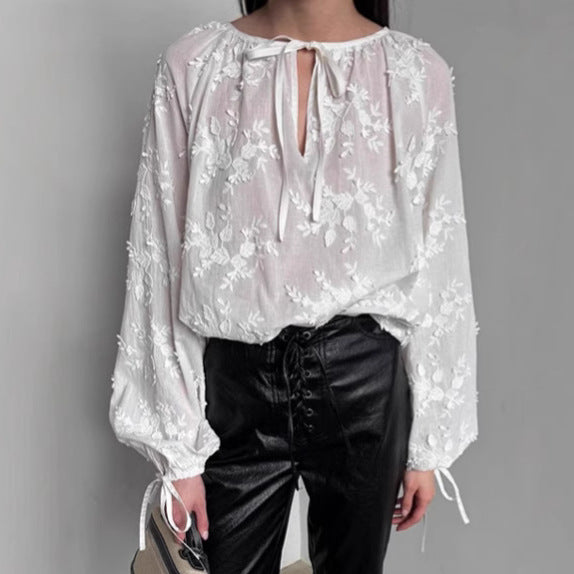 Dame Elegant Bluse med blomsterbroderi og rynker Stilla