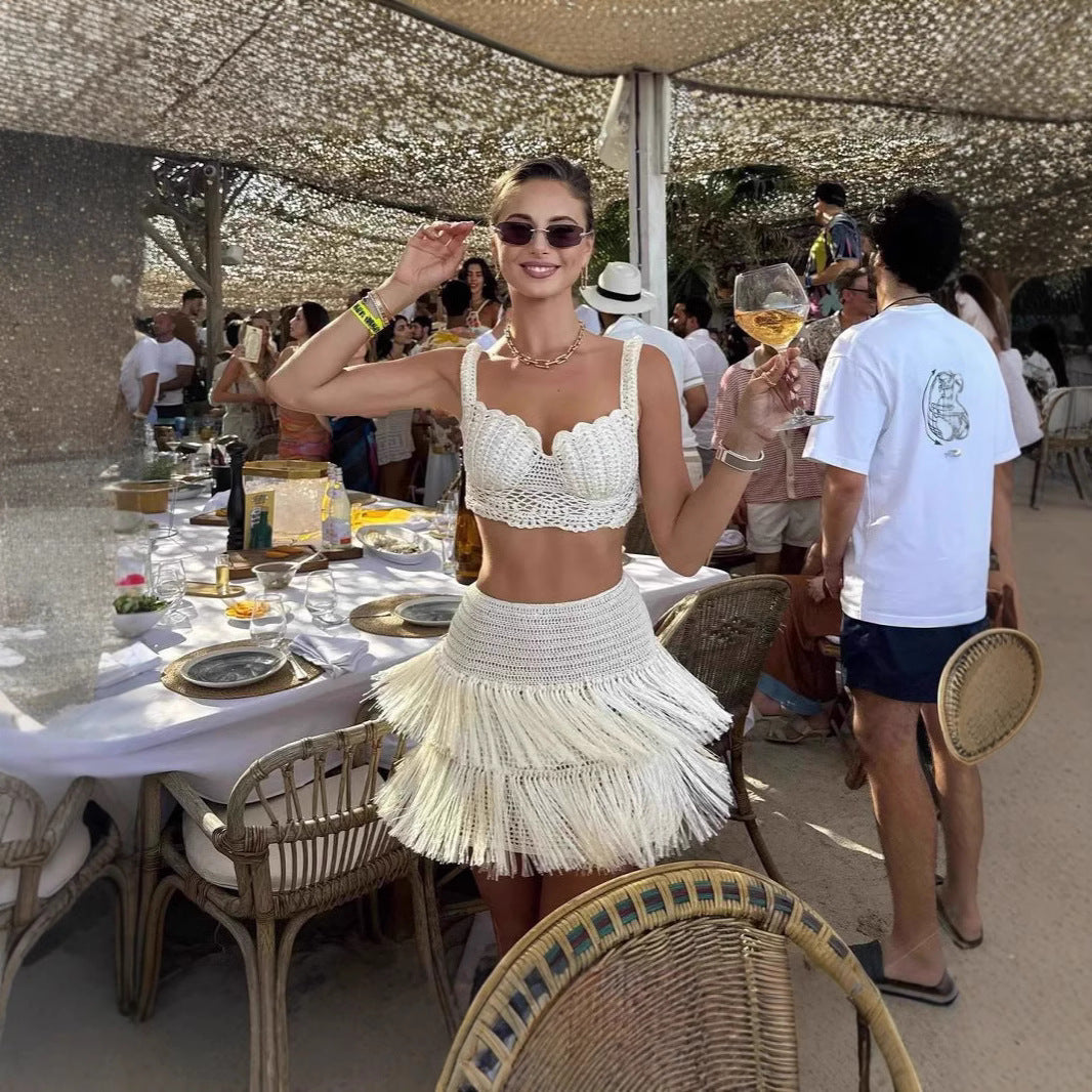 Dame Elegant Hæklet Top med Frynser og Moderigtig Skirt Stilla