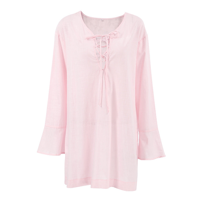 Dame afslappet hør minikjole med legende snøredesign Stilla