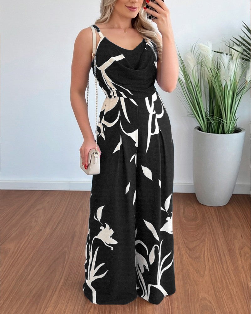 Dame Elegant skåret Jumpsuit med draperingsdetaljer og blomsterprint Stilla