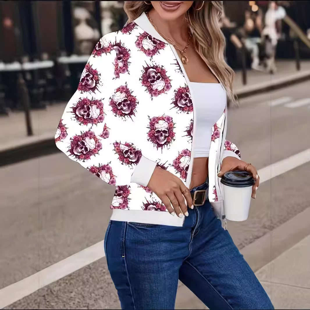 Dame afslappet bomberjakke med unikt blomster- og dødningehovedmønster Stilla