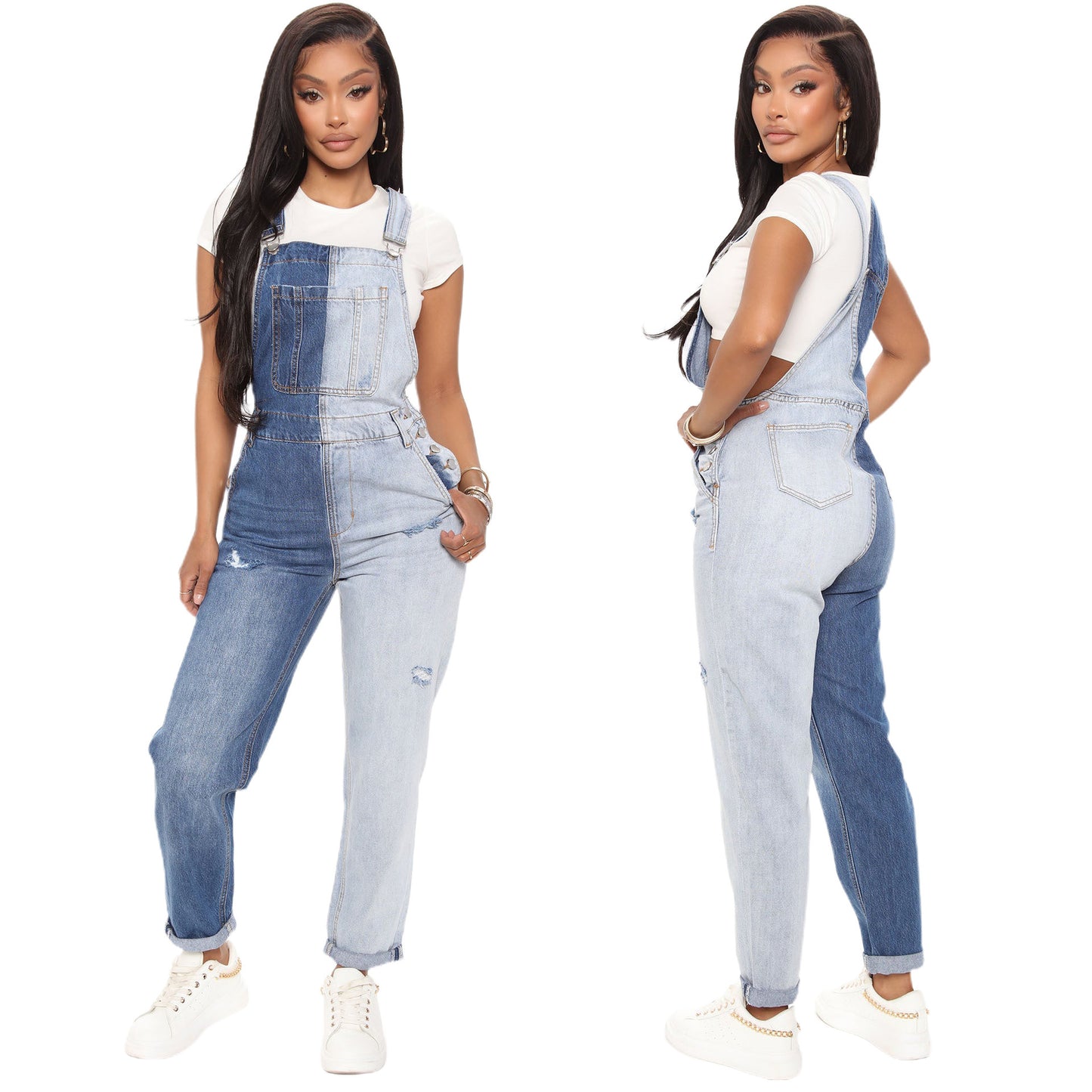 Dame Denim-Overalls i moderigtigt Colorblock-design med praktiske lommer Stilla