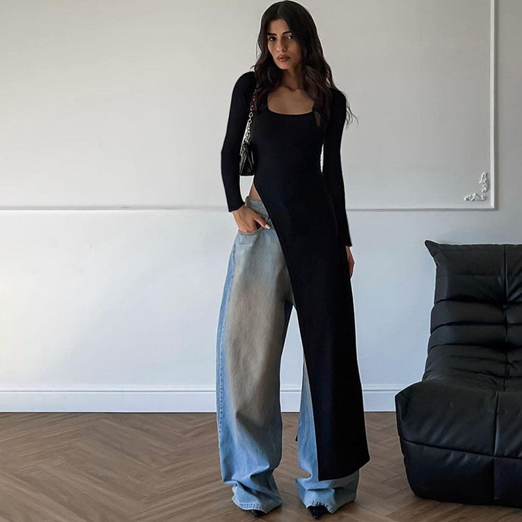 Dame Elegant langærmet kjole med legende asymmetrisk design og figurnær silhuet Stilla