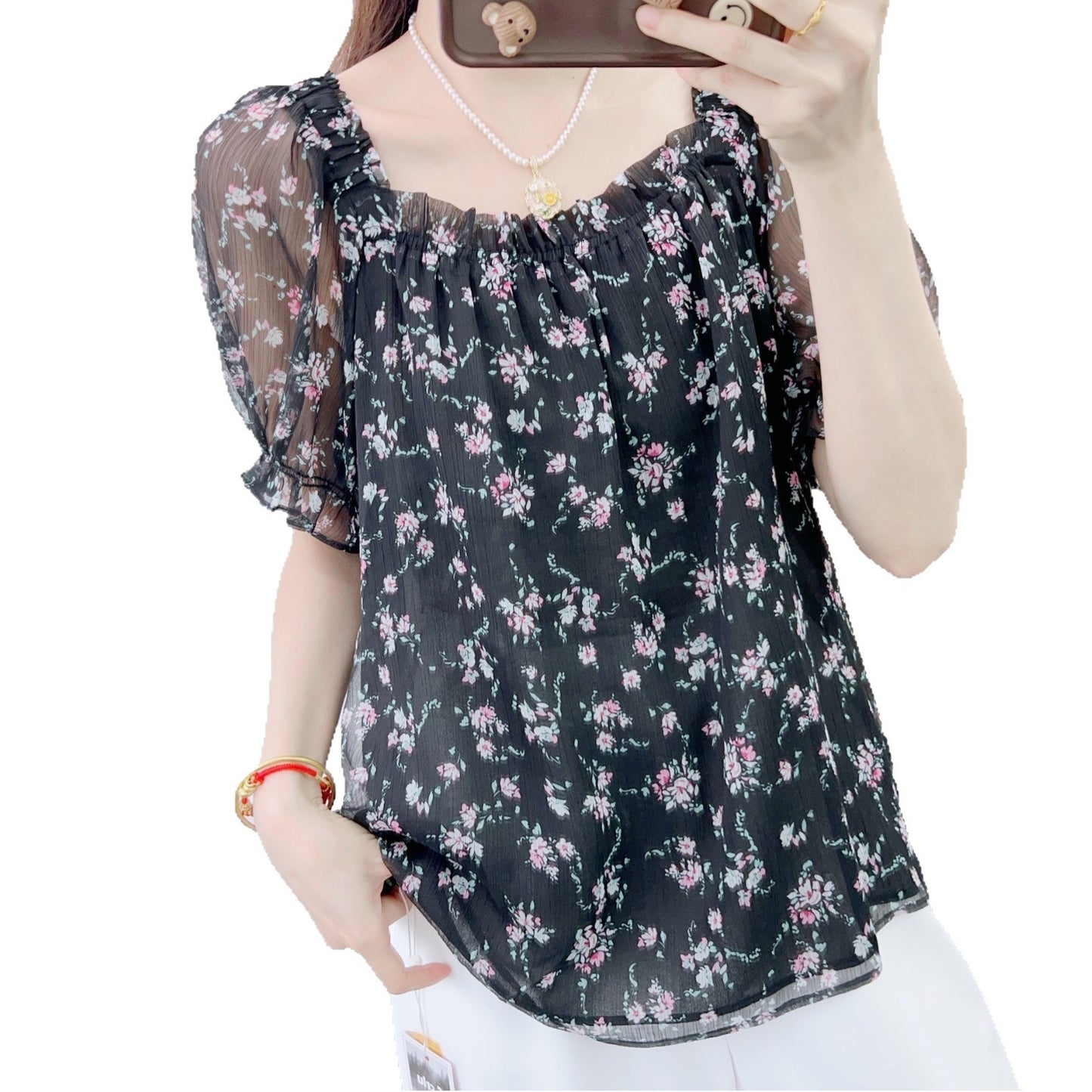 Dame elegant bluse med transparent pufærme og blomsterprint Stilla