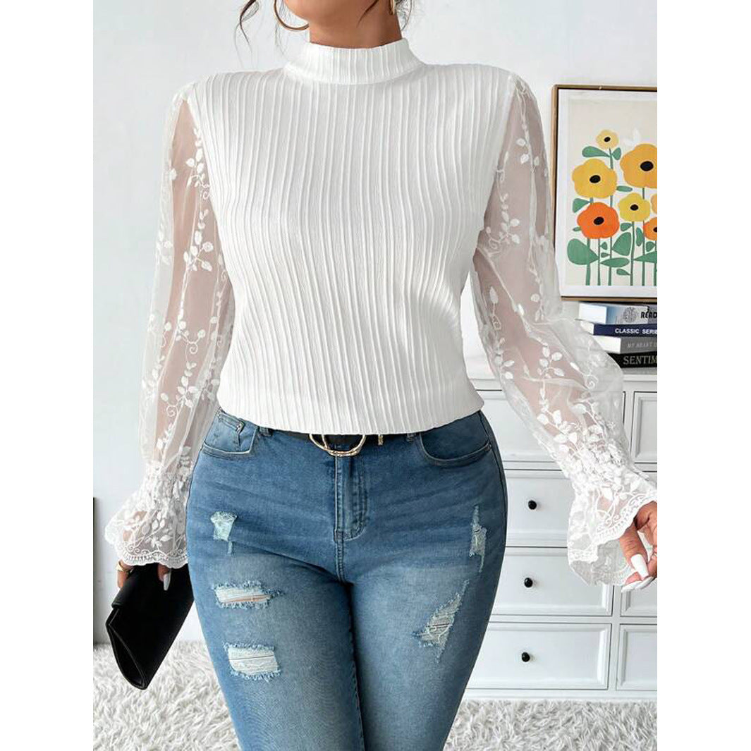 Dame Elegant bluse med gennemsigtige ærmer og rib struktur Stilla