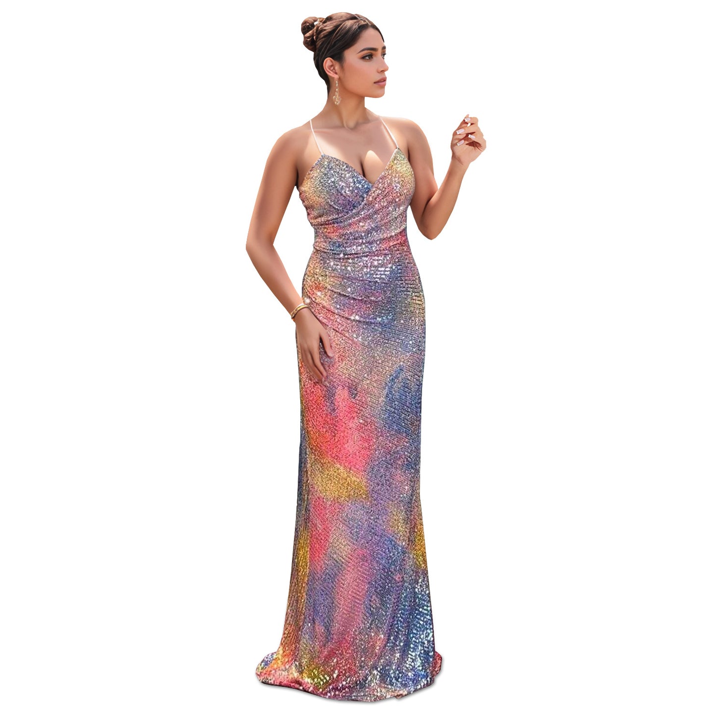 Dame elegant aftenkjole med skinnende paletter og figurformet silhuet Stilla