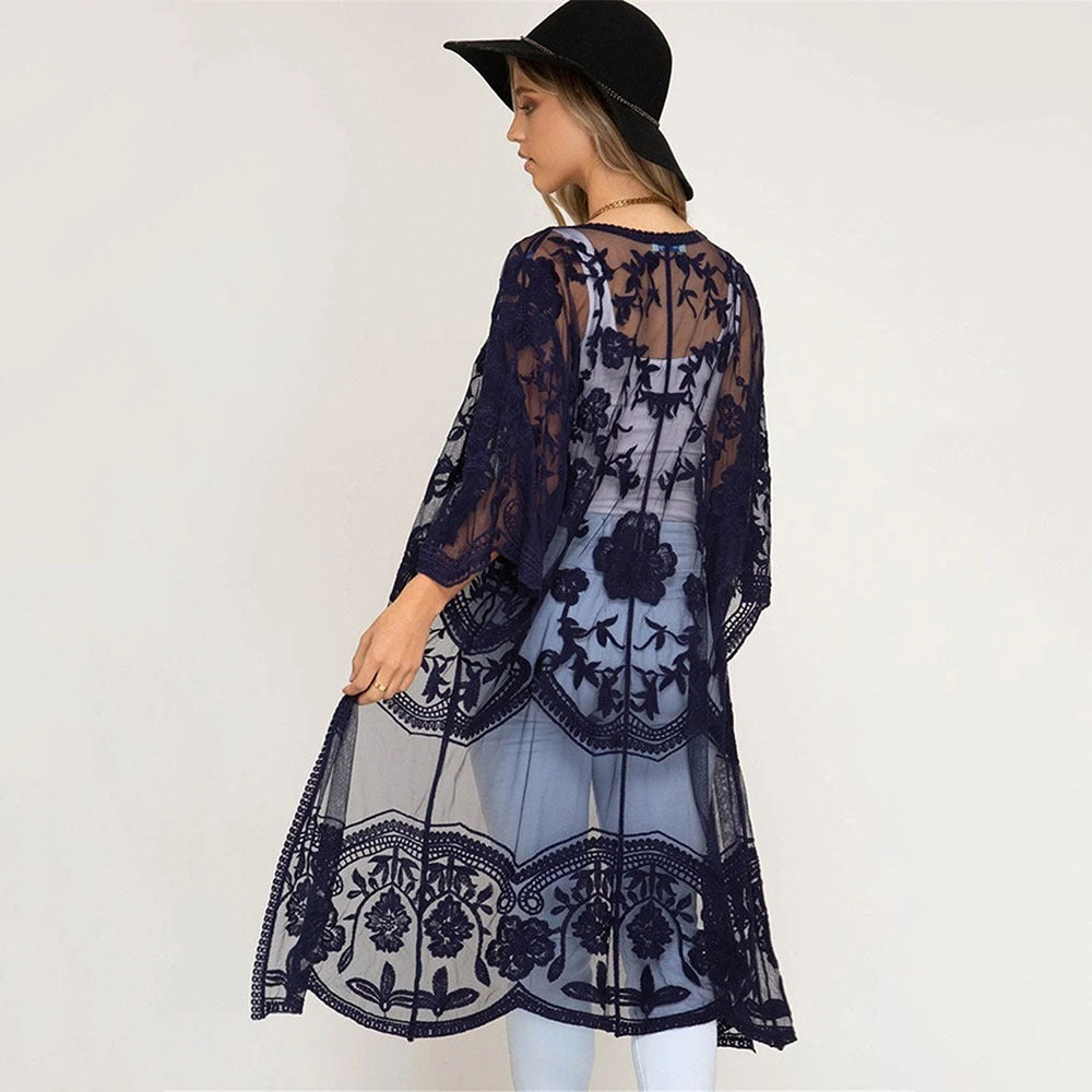 Dame Elegant Hækle-Kimono med florale Detaljer Stilla