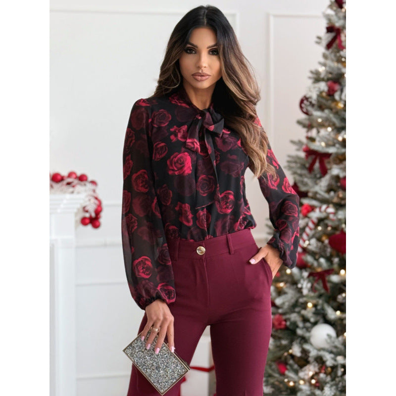 Dame elegant Bluse med floralt tryk og sløjfelinnedetaljer Stilla