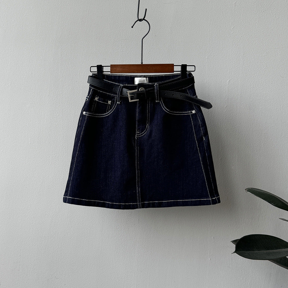 Dame Denim-nederdel med aftageligt bælte og klassisk snit Stilla