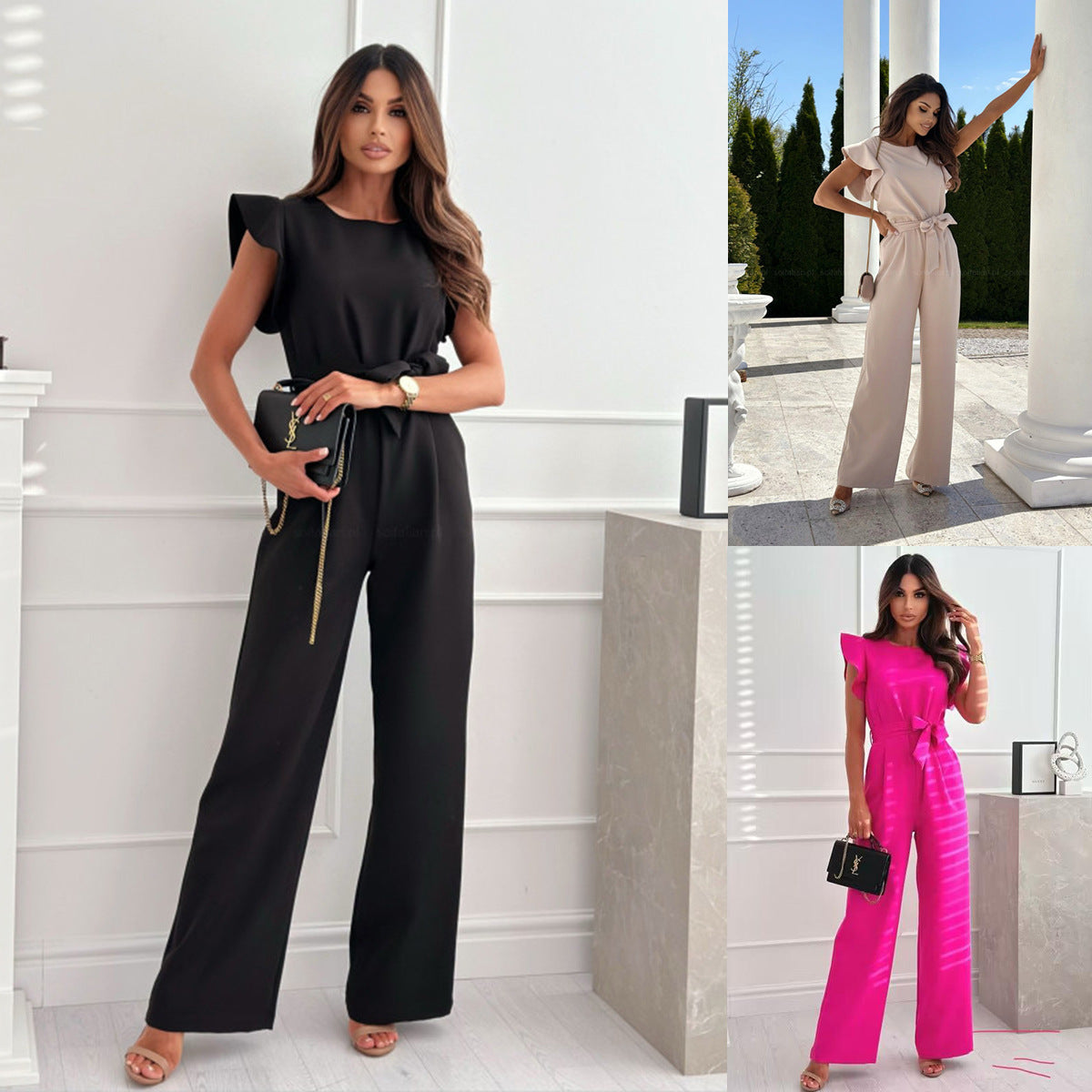 Dame elegant jumpsuit med afslappet taljebælte og flæsedetaljer Stilla