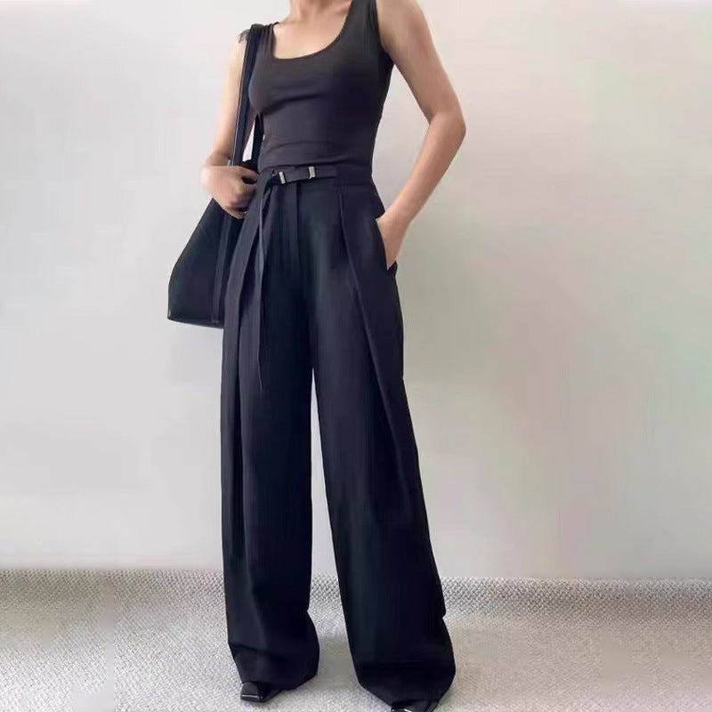 Dame elegant høj talje bukser med vidde ben og taljebånd Stilla