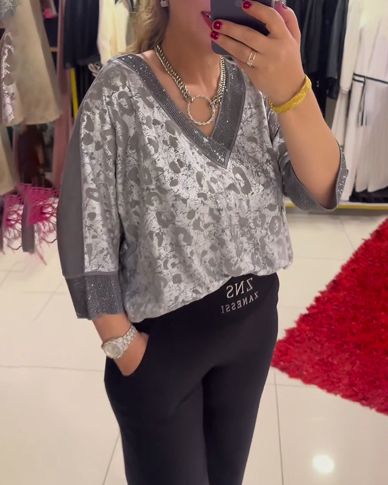 Dame Elegant Bluse med skinnende accenter og V-udskæring Stilla
