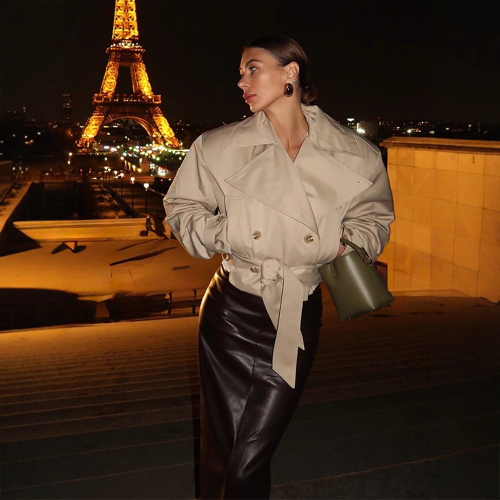 Dame Cropped Trenchcoat med bred revers og talje bælte Stilla