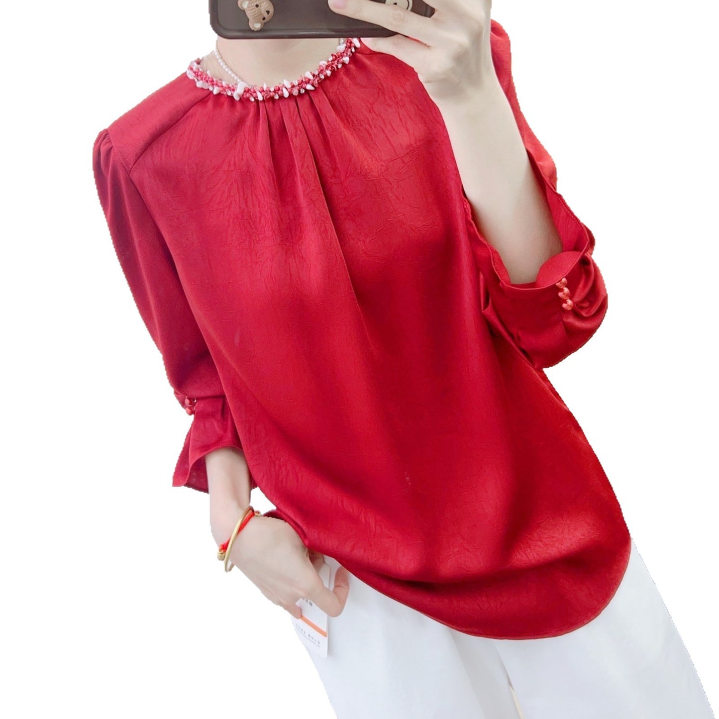 Dame Edel elegant bluse med unikt krave-design og struktureret overflade Stilla