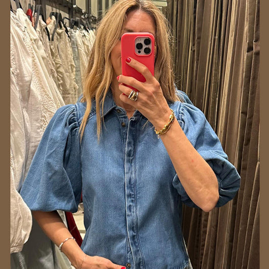 Dame Denim-bluse med voluminøse puffærmer Stilla