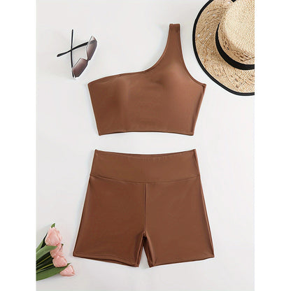 Dame En-skulder Sporty Crop Top og Høj Talje Badetøj Sæt Stilla