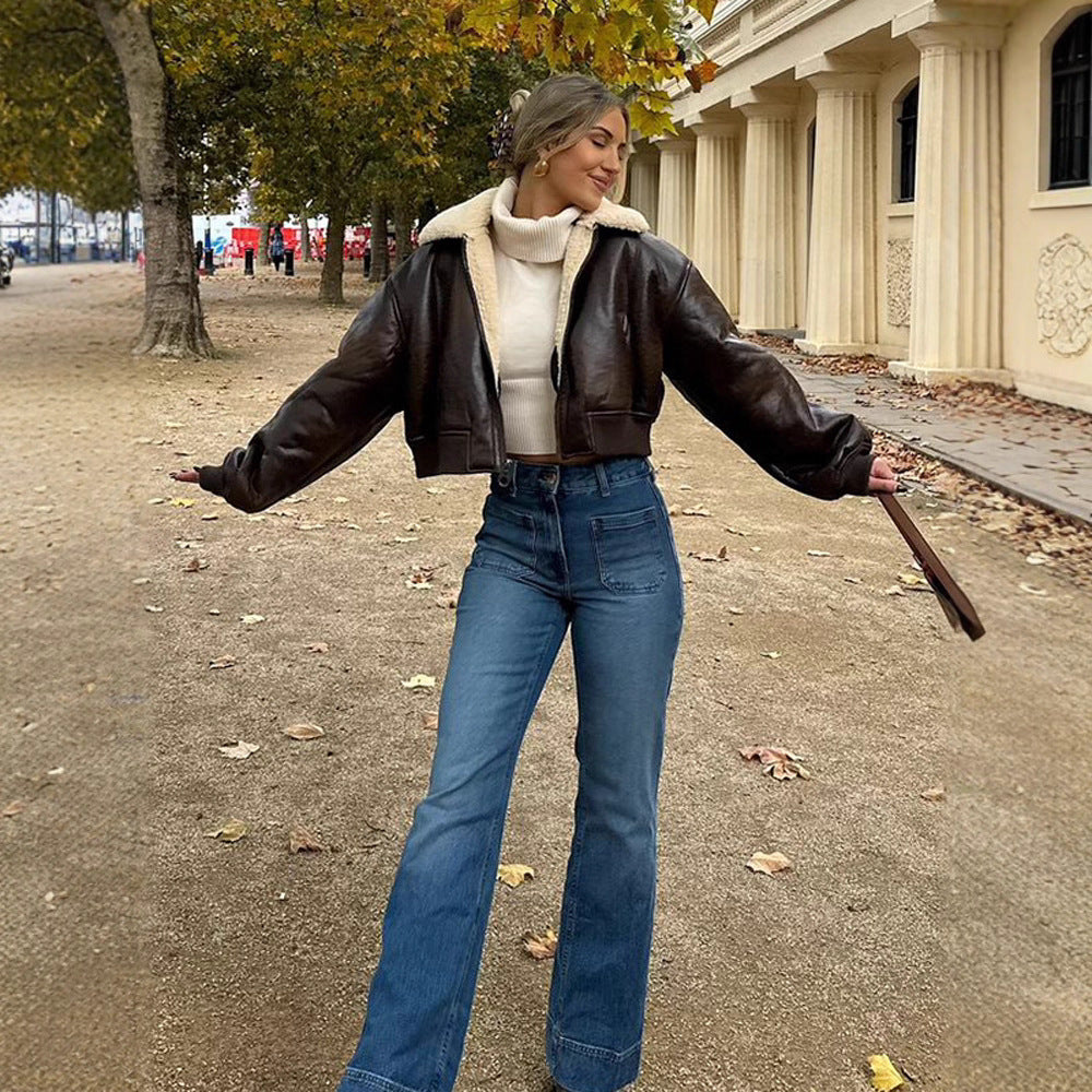 Dame cropped kunstlæderjakke med indvendigt foer af pels Stilla