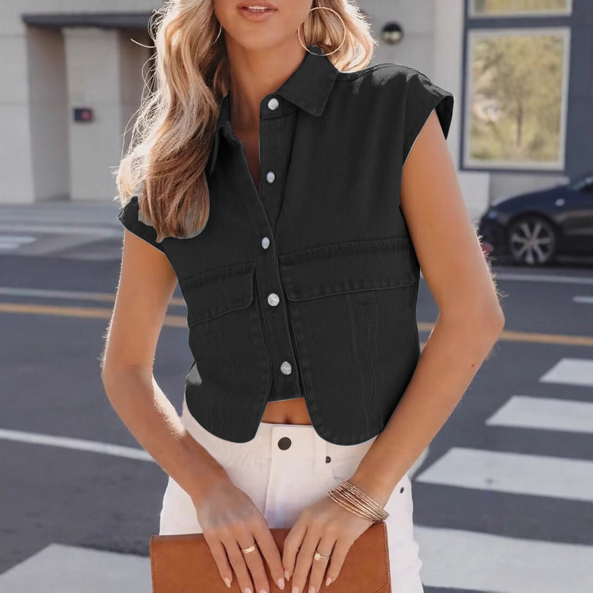 Dame cropped Jeansbluse i vintage-stil med praktiske lommer Stilla