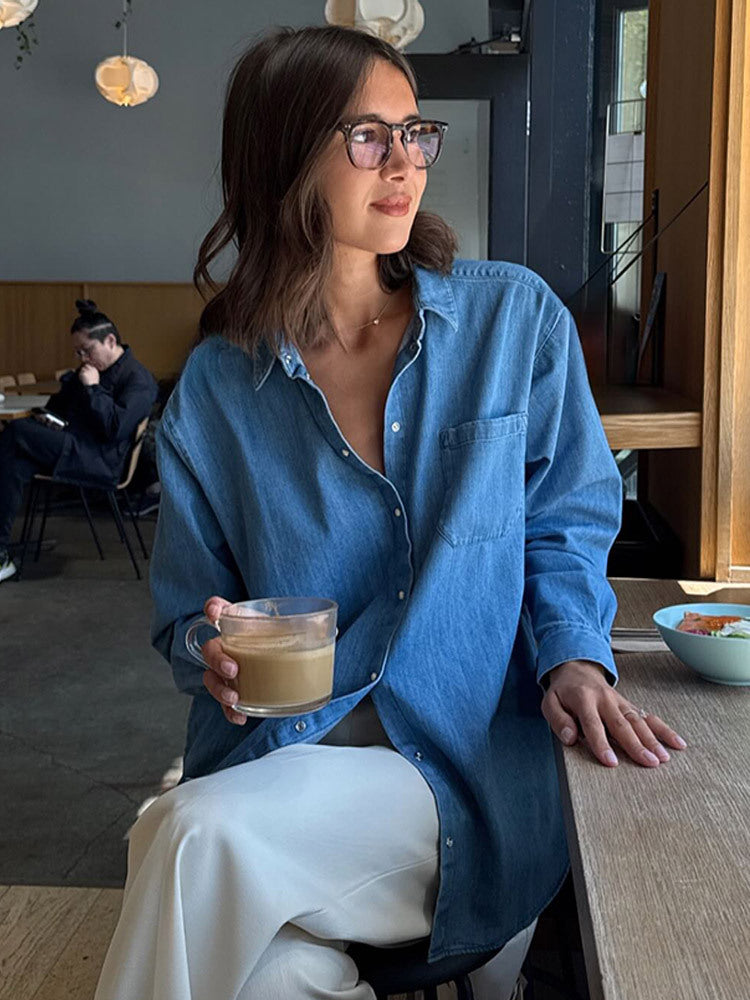 Dame afslappet Denim-skjorte med praktiske lommer Stilla