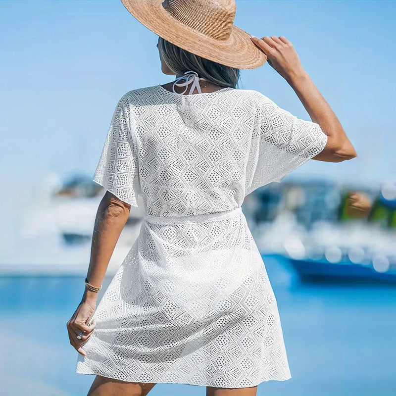 Dame elegant hæklet strandkjole med justerbar taljesnor og dyb V-udskæring Stilla