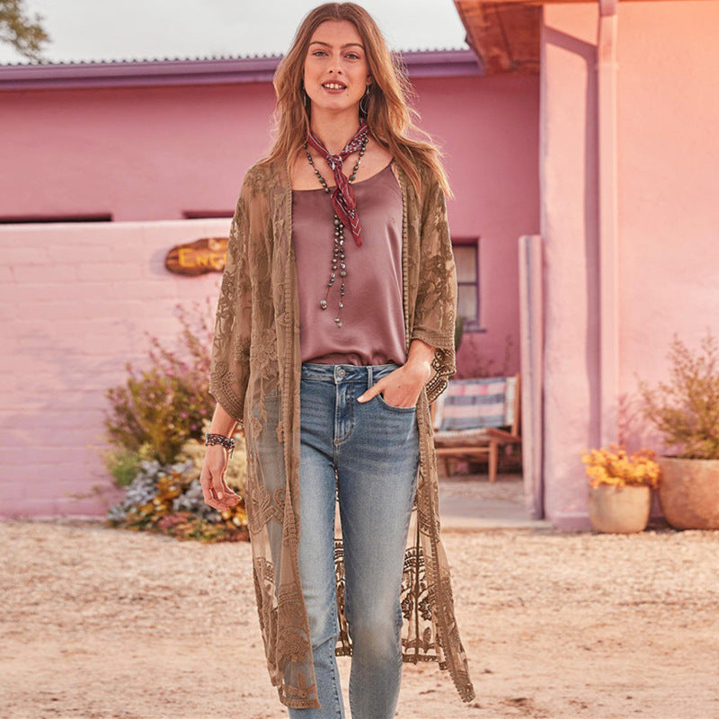 Dame Elegant Hækle-Kimono med florale Detaljer Stilla