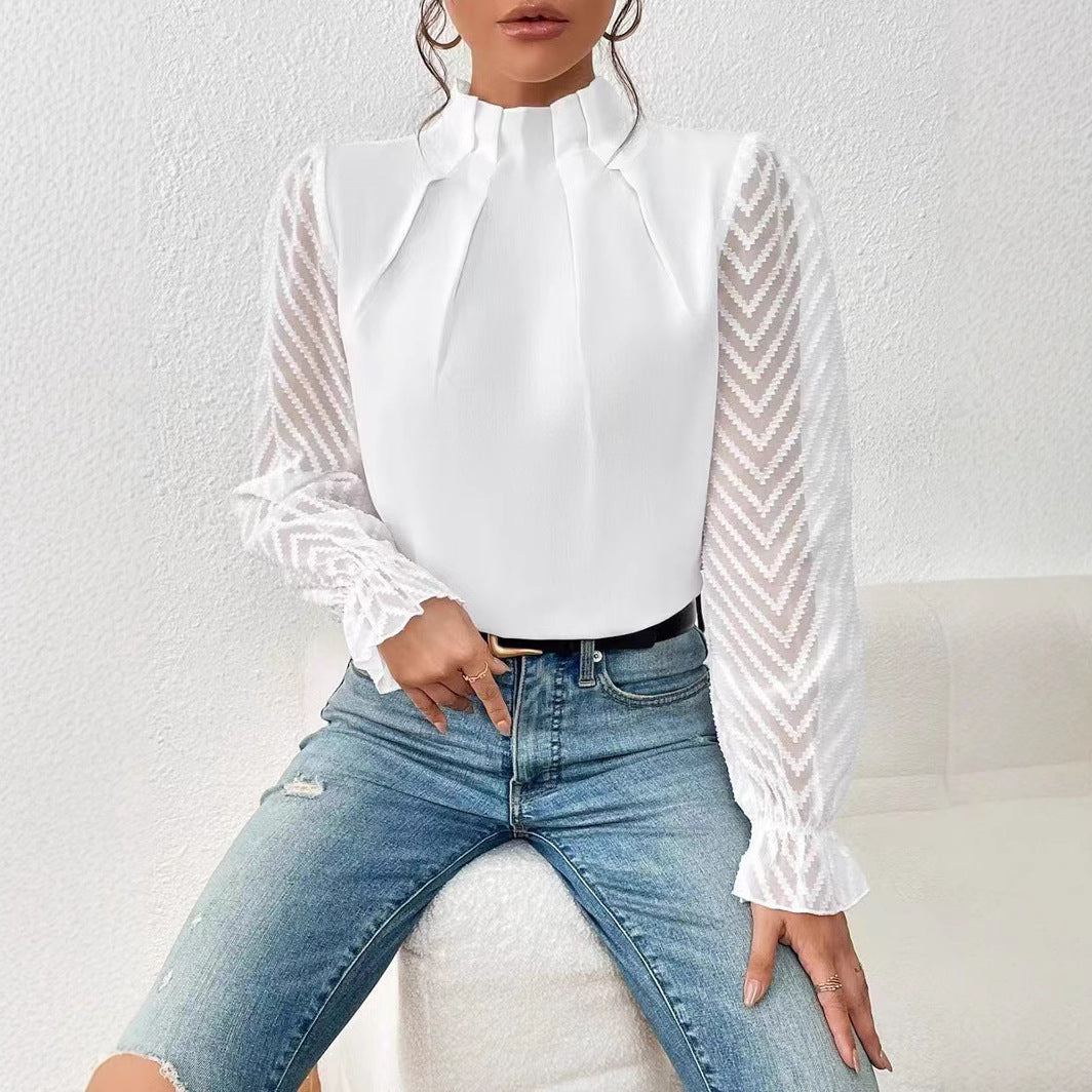 Dame Elegant bluse top med flæse detaljer og gennemsigtige ærmer Stilla