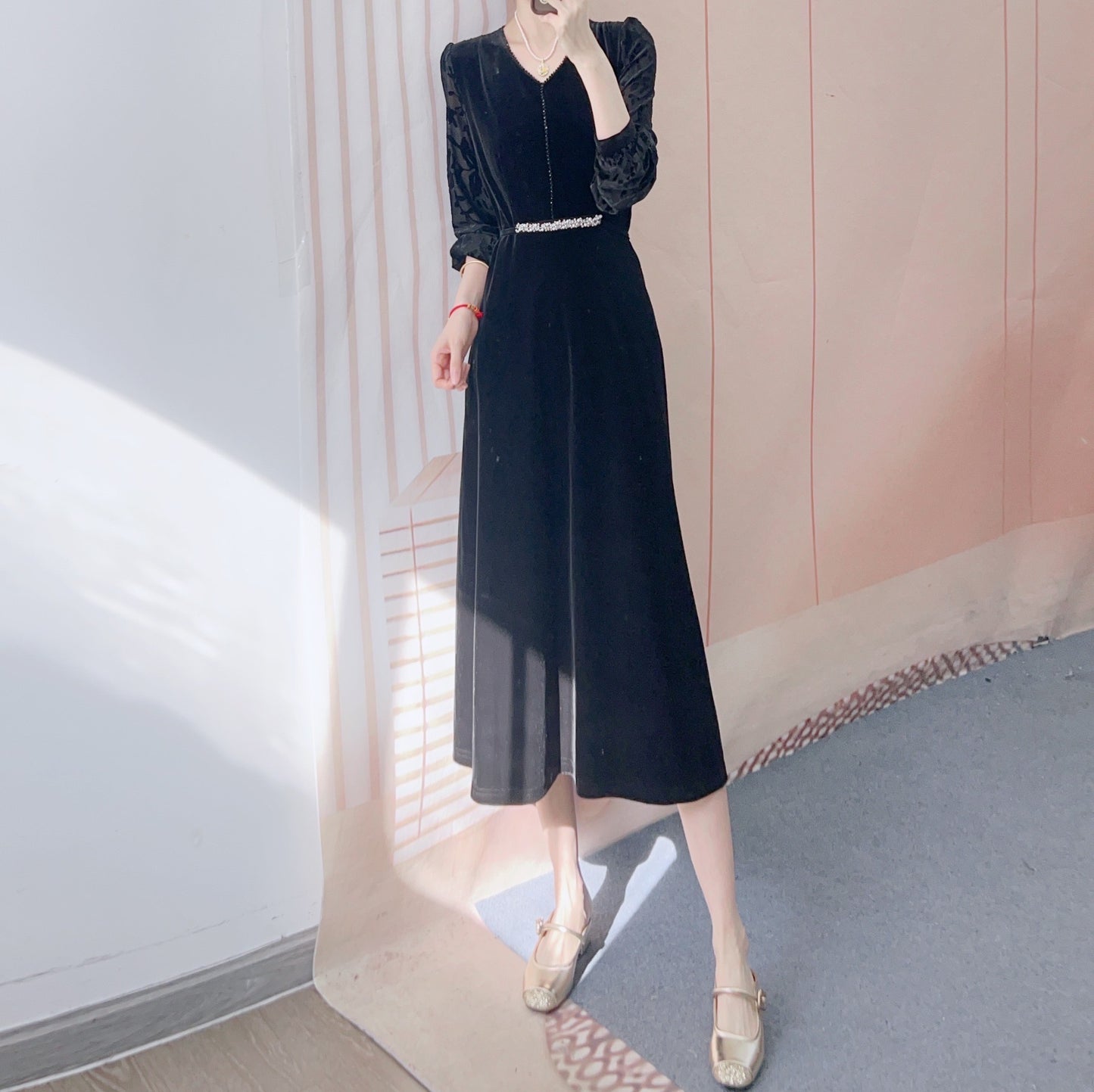 Dame A-linje Samt kjole med elegante puffærmer og dekoration Stilla