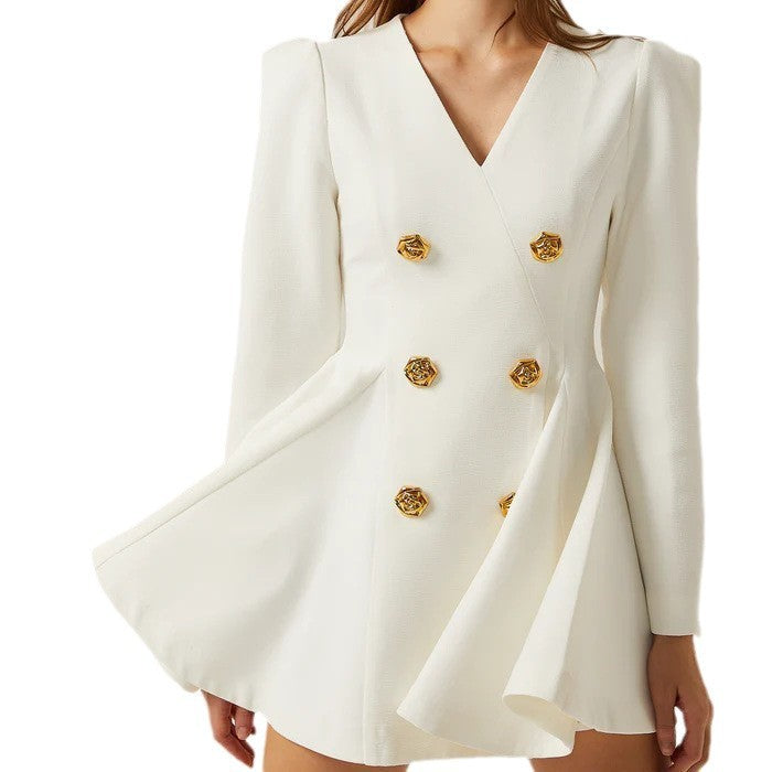 Dame elegant blazer-kjole med dobbelt knaplukning og svingende skørt Stilla