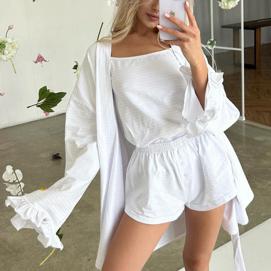 Dame afslappet pyjamasæt med flæseærmer og elastisk talje Stilla