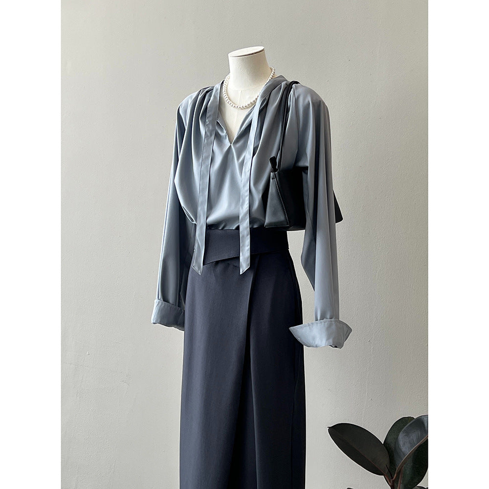 Dame elegant blouse med sløjfedetalje og fint satin-finish Stilla