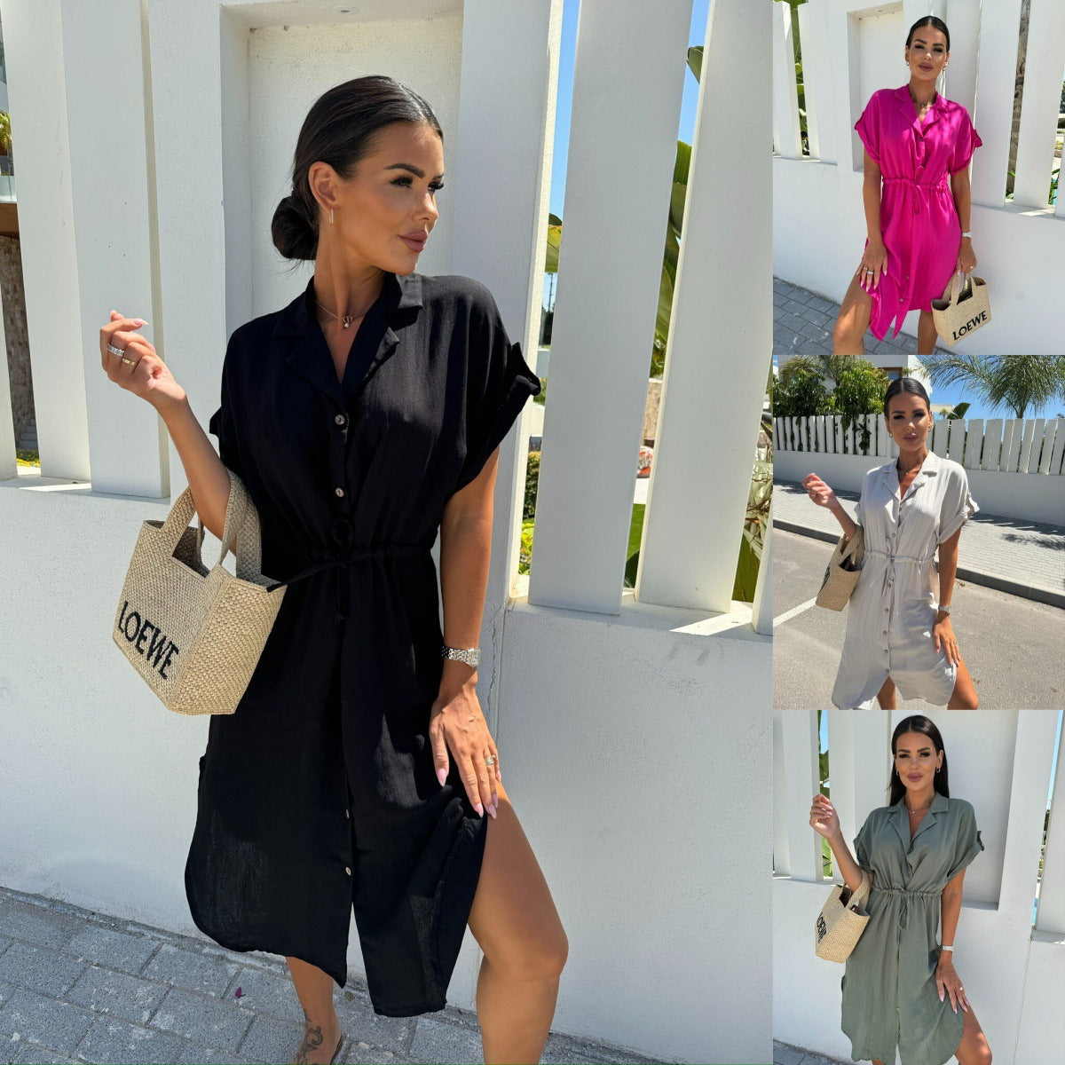 Dame Afslappet Knappeskjorte Kjole med Bindebælte Stilla