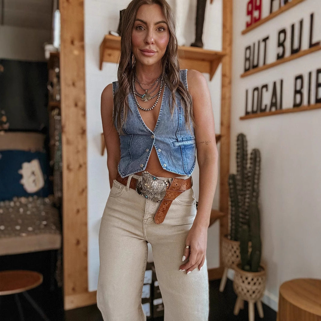 Dame Denim Vest i Vintage-stil med dyb udskæring og knapdetaljer Stilla