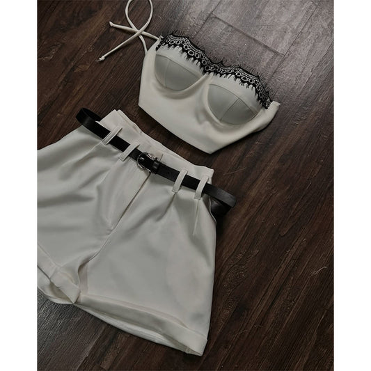 Dame Crop-Top og Shorts Sæt med elegant Bælte Stilla
