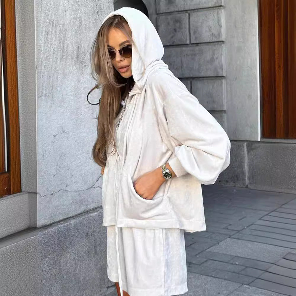 Dame afslappet fleece-sæt med hætte og lommer Stilla