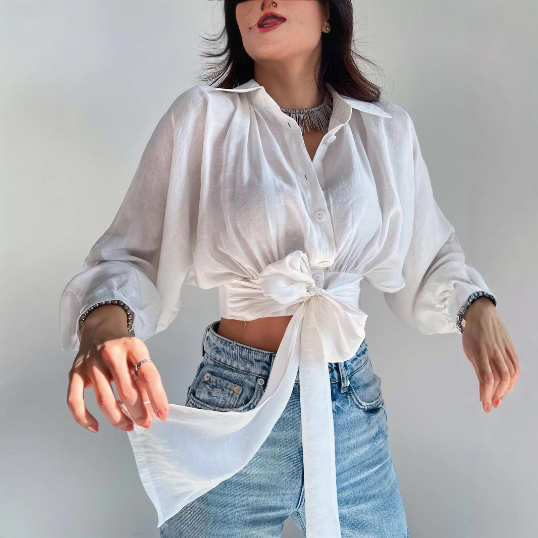 Dame Elegant Knytbluse med lange ærmer og raffineret taljebinding Stilla