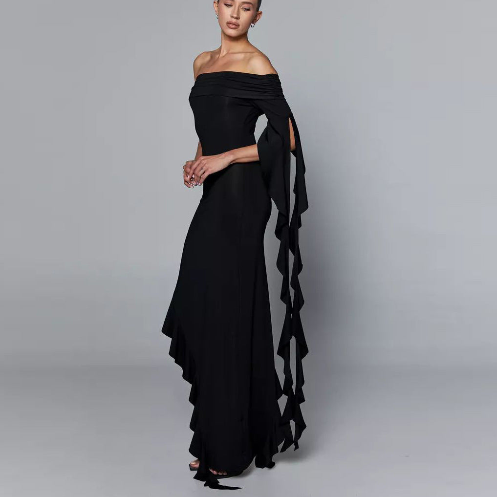 Dame elegant blyantskjorte med asymmetrisk udskæring og flæsedetaljer Stilla