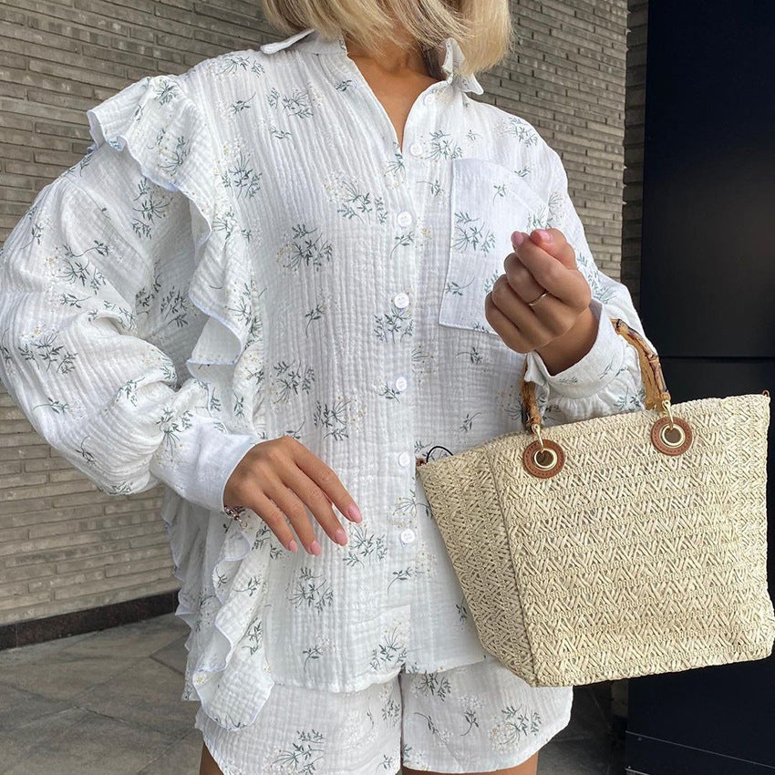 Dame afslappet bluse- og shorts-sæt med flæsedetaljer Stilla