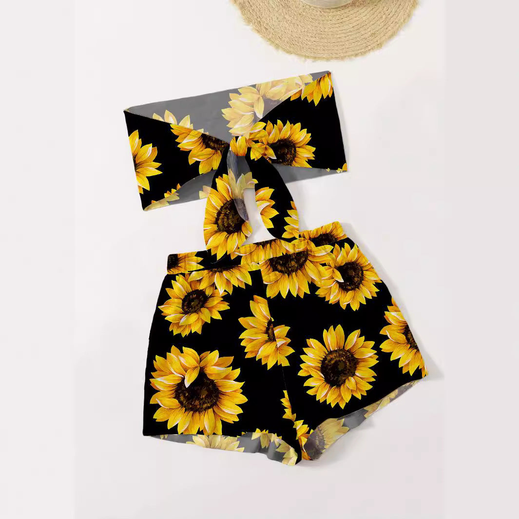 Dame Crop-Top og Shorts Sæt med Solsikke-mønster Stilla