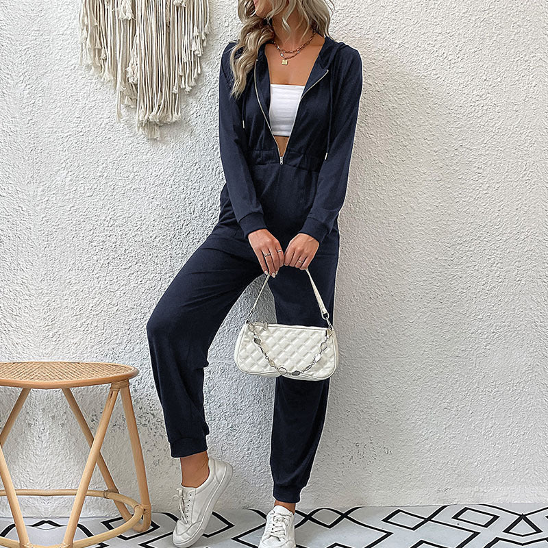 Dame casual jumpsuit med praktisk lynlås og elastisk taljebånd Stilla