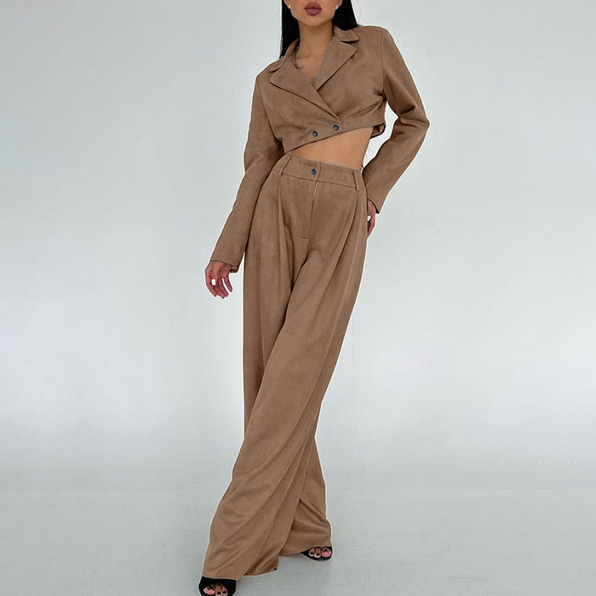 Dame Cropped Blazer og Vidde Bukser Sæt Stilla