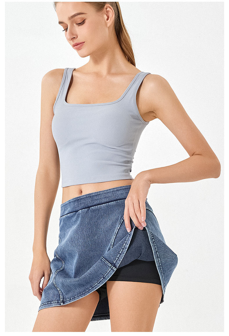 Stilla | Høj Talje Falsk to Delt Denim Yoga Nederdel Slank Fit Hofte Løft Fitness Shorts