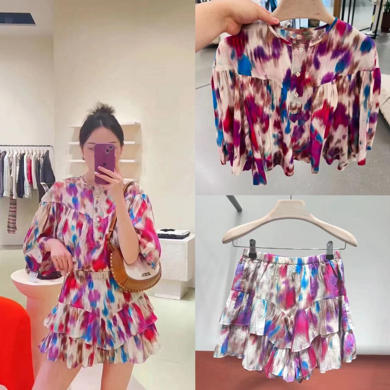 Dame afslappet bluse med uregelmæssigt mønster og dekorative knapdetaljer Stilla