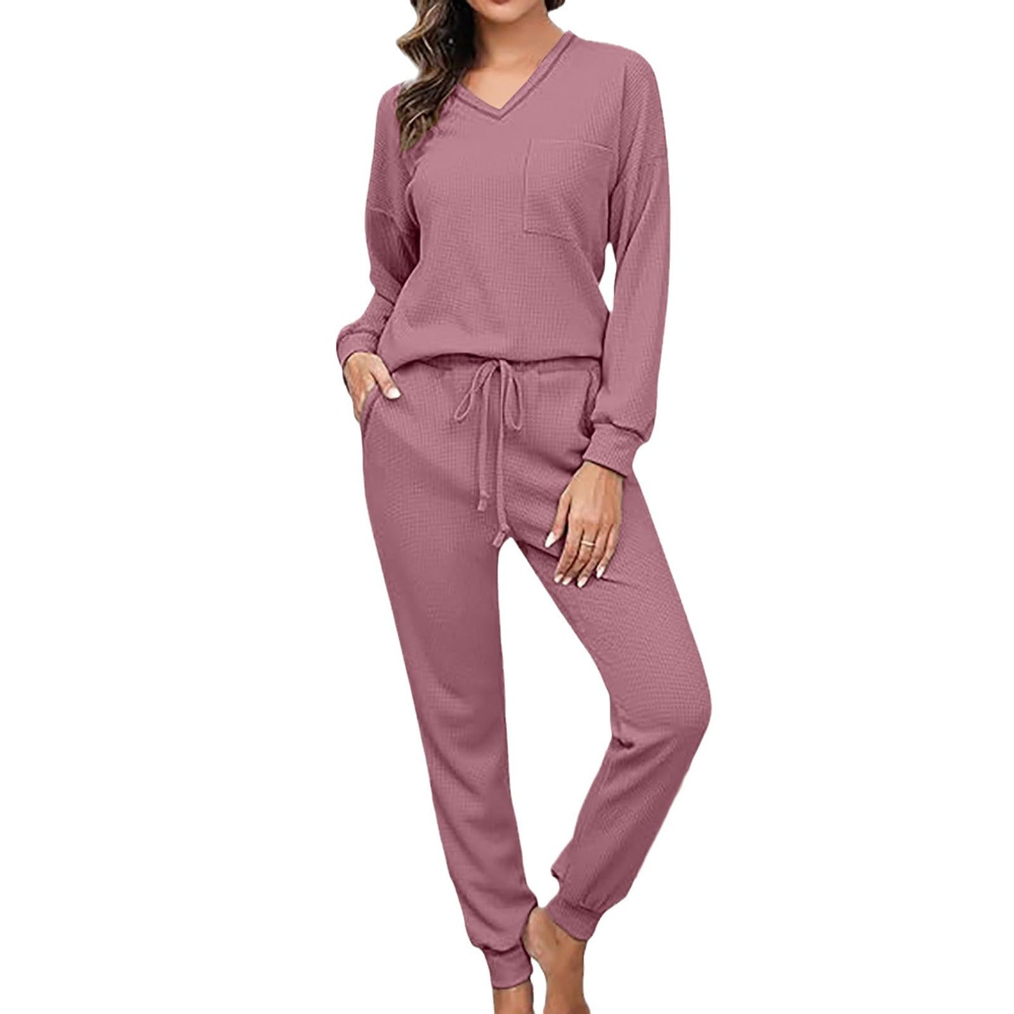 Dame afslappet og elegant Lounge-sæt med V-hals og praktiske lommer Stilla