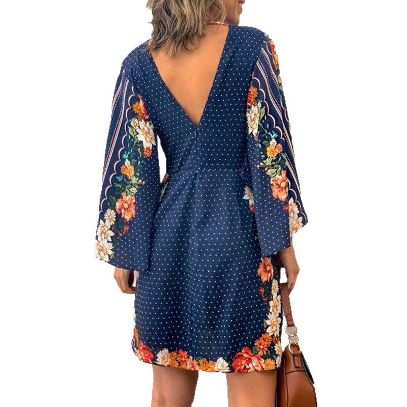 Dame Elegant Floral-Print Mini-Kjole med Klokkeærmer Stilla