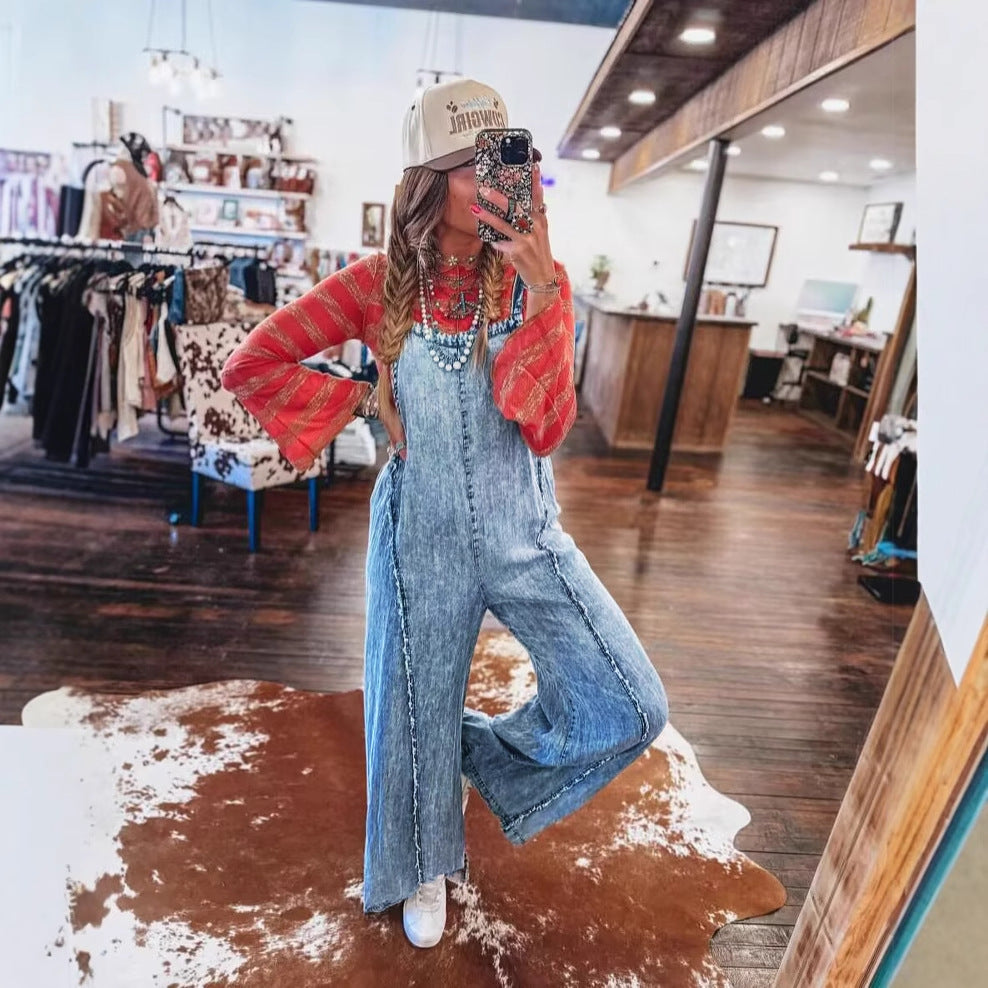 Dame afslappet denim jumpsuit med vidde ben og skulderstropper Stilla