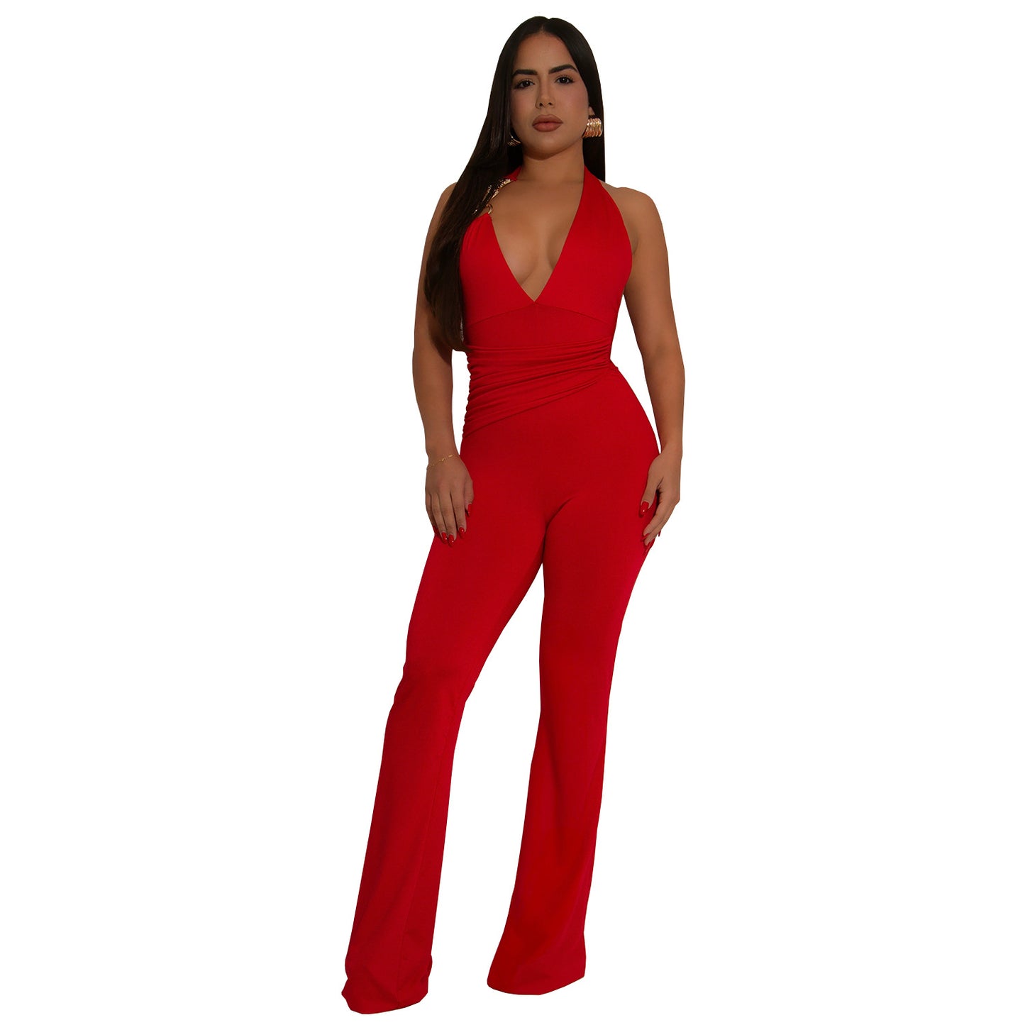 Dame Elegant Flydende Jumpsuit med dyb V-udskæring og tætsiddende silhuet Stilla