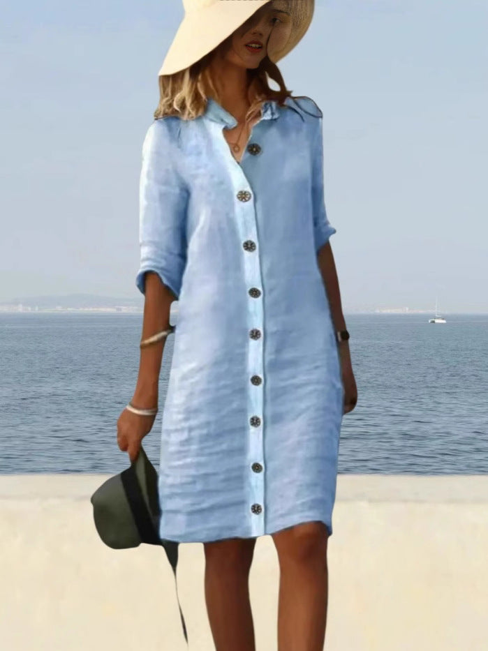 Dame afslappet linnedragt med knaplukning og praktiske lommer Stilla