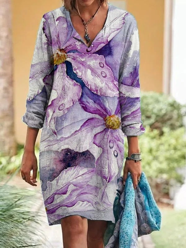 Dame afslappet langærmet kjole med dyb V-udskæring og unik farvegradient Stilla