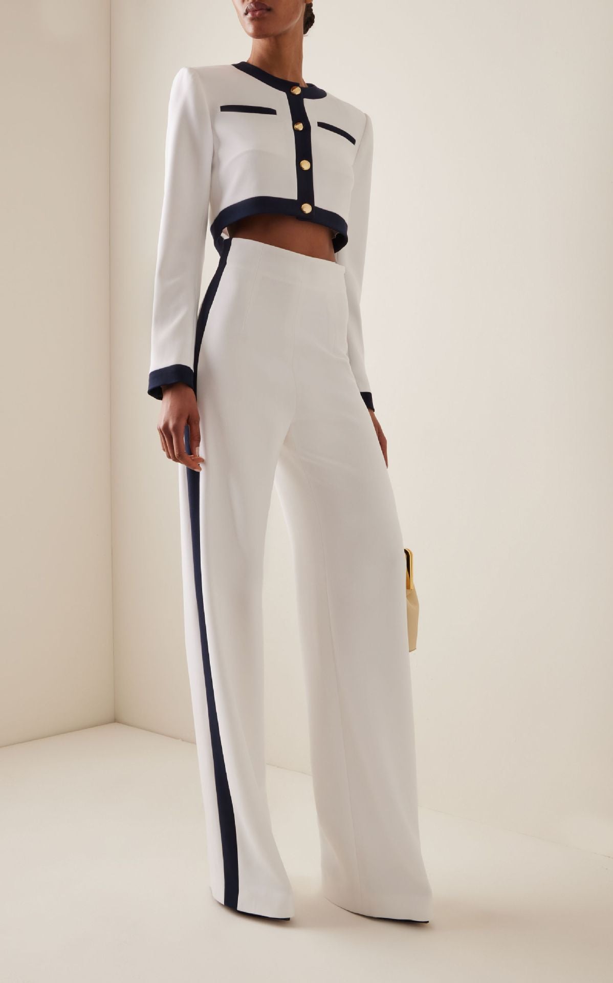 Dame elegant cropped blazer sæt med vidde bukser og gyldne knapper Stilla